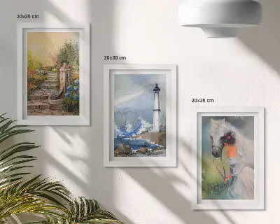 Tríptico enmarcado de paisajes naturales con faro y niña con caballo