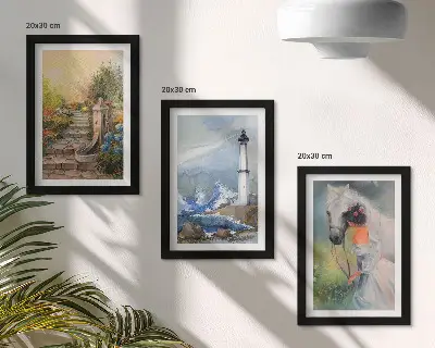 Tríptico enmarcado de paisajes naturales con faro y niña con caballo