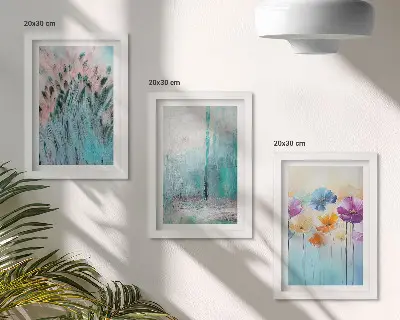 Juego de 3 cuadros decorativos con diseño de flores sobre fondo de colores pastel y delicados estampados