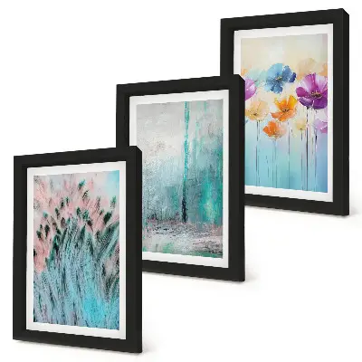Juego de 3 cuadros decorativos con diseño de flores sobre fondo de colores pastel y delicados estampados
