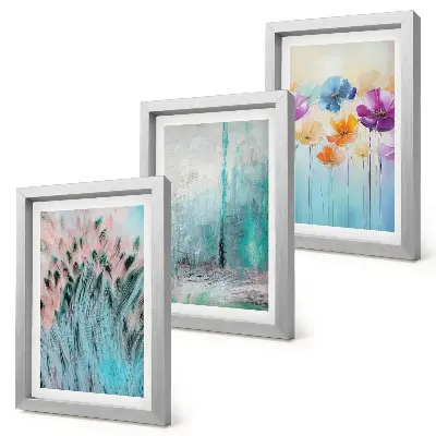 Juego de 3 cuadros decorativos con diseño de flores sobre fondo de colores pastel y delicados estampados