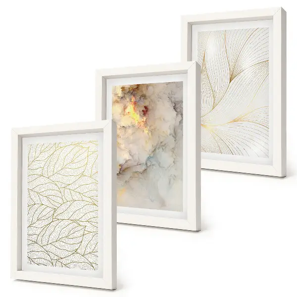 Juego de 3 cuadros decorativos de mármol abstracto con patrones lineales de hojas