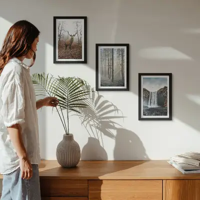 Juego de 3 cuadros decorativos con paisajes de naturaleza salvaje y ciervos en el bosque