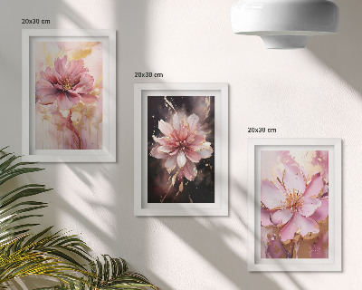Tríptico enmarcado Composiciones florales en tonos rosas y blancos.