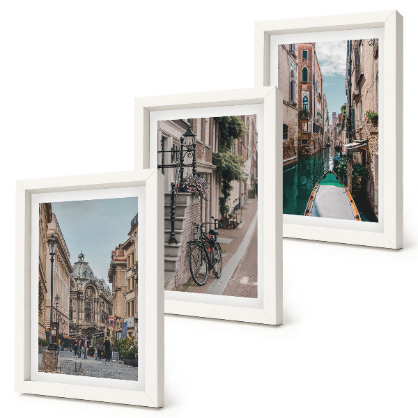 Juego de 3 cuadros decorativos Calles de la ciudad veneciana con arquitectura y agua.