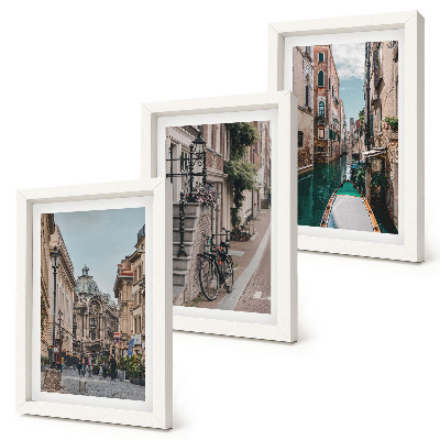 Juego de 3 cuadros decorativos Calles de la ciudad veneciana con arquitectura y agua.