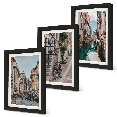 Juego de 3 cuadros decorativos Calles de la ciudad veneciana con arquitectura y agua.