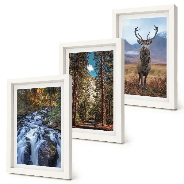 Juego de 3 cuadros decorativos de cascada en el bosque con montañas y ciervos