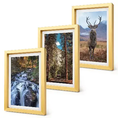Juego de 3 cuadros decorativos de cascada en el bosque con montañas y ciervos