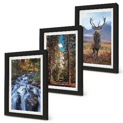 Juego de 3 cuadros decorativos Cascada en el bosque, montañas y ciervos en la naturaleza.