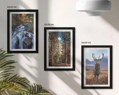 Juego de 3 cuadros decorativos de cascada en el bosque con montañas y ciervos