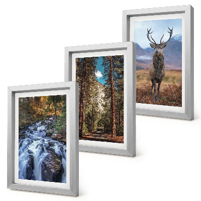 Juego de 3 cuadros decorativos Cascada en el bosque, montañas y ciervos en la naturaleza.