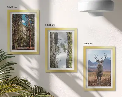 Tríptico enmarcado camino en el bosque con montañas y ciervos en la naturaleza
