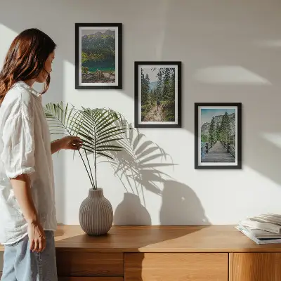 Juego de 3 cuadros decorativos con paisajes de montañas, lagos, bosques y senderos naturales