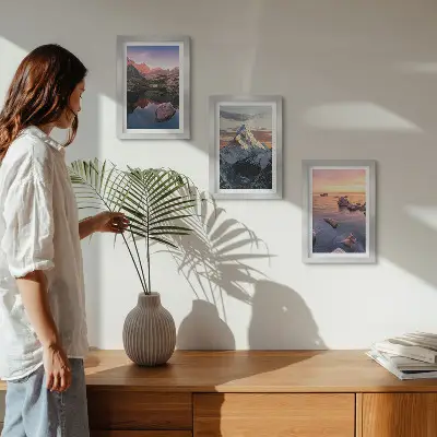 Juego de 3 cuadros decorativos con paisajes de montaña, agua y rocas