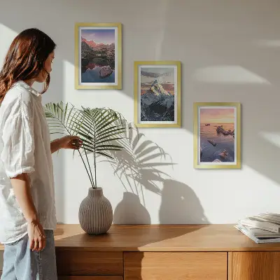 Juego de 3 cuadros decorativos con paisajes de montaña, agua y rocas