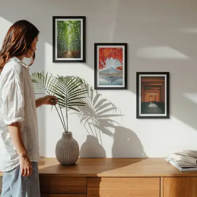 Juego de 3 cuadros decorativos con diseño de bosque de bambú y sendero torii del Monte Fuji en paisajes de Japón