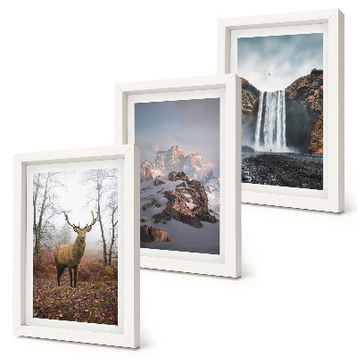 Juego de 3 cuadros decorativos Paisajes naturales salvajes, montañas, ciervos y cascadas.