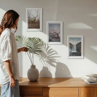 Juego de 3 cuadros decorativos de paisajes naturales salvajes con montañas, ciervos y cascadas