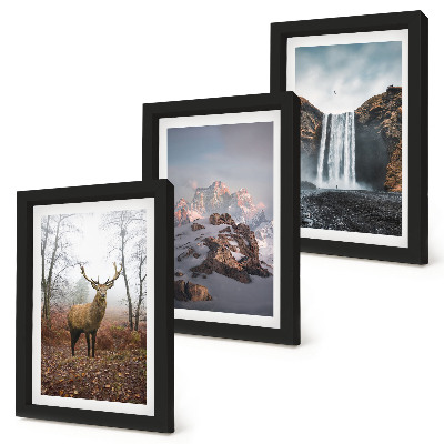 Juego de 3 cuadros decorativos Paisajes naturales salvajes, montañas, ciervos y cascadas.
