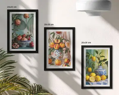 Granadas, melocotones y limones en jarrones tríptico enmarcado