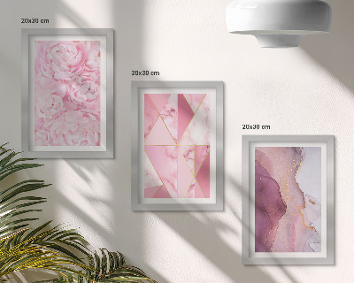 Juego de 3 cuadros decorativos Peonías rosas con estampados geométricos