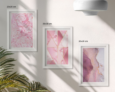 Juego de 3 cuadros decorativos Peonías rosas con estampados geométricos