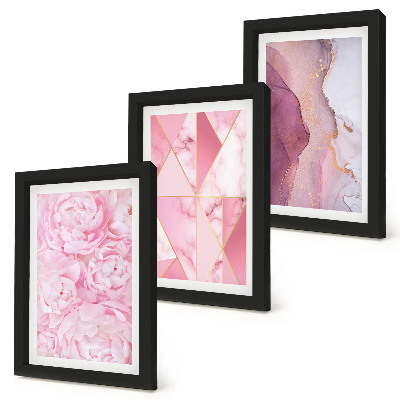 Juego de 3 cuadros decorativos Peonías rosas con estampados geométricos