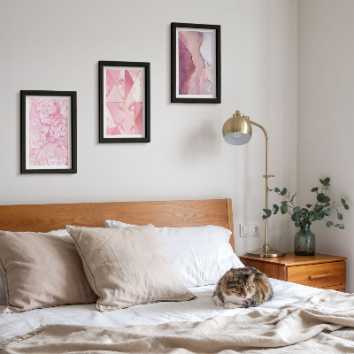 Juego de 3 cuadros decorativos Peonías rosas con estampados geométricos