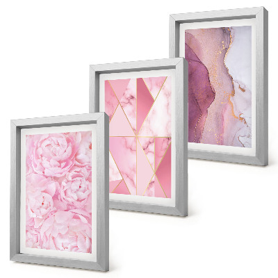 Juego de 3 cuadros decorativos Peonías rosas con estampados geométricos