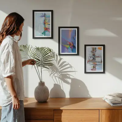 Tríptico enmarcado con diseño de composiciones abstractas