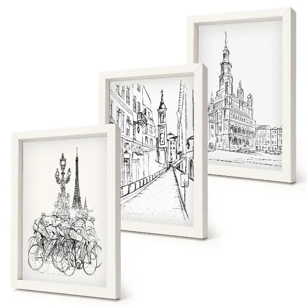 Juego de 3 cuadros decorativos con dibujos sencillos de vistas de la ciudad