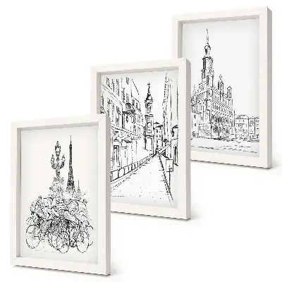 Juego de 3 cuadros decorativos con dibujos sencillos de vistas de la ciudad