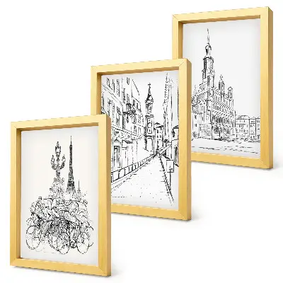 Juego de 3 cuadros decorativos con dibujos sencillos de vistas de la ciudad