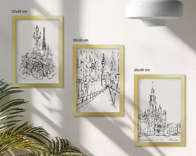 Juego de 3 cuadros decorativos con dibujos sencillos de vistas de la ciudad