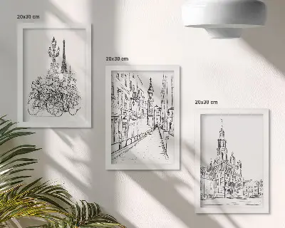 Juego de 3 cuadros decorativos con dibujos sencillos de vistas de la ciudad