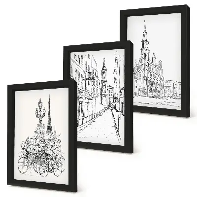 Juego de 3 cuadros decorativos con dibujos sencillos de vistas de la ciudad
