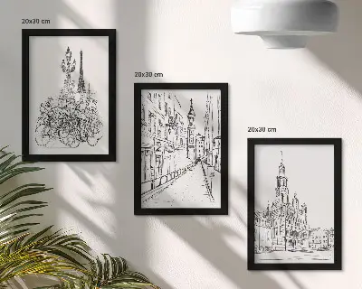 Juego de 3 cuadros decorativos con dibujos sencillos de vistas de la ciudad