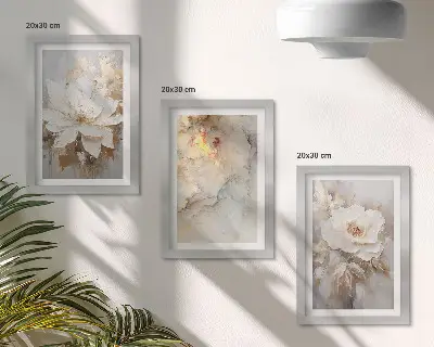 Juego de 3 cuadros decorativos con diseño floral sobre fondo claro de patrones abstractos