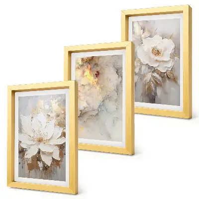 Juego de 3 cuadros decorativos con diseño floral sobre fondo claro de patrones abstractos