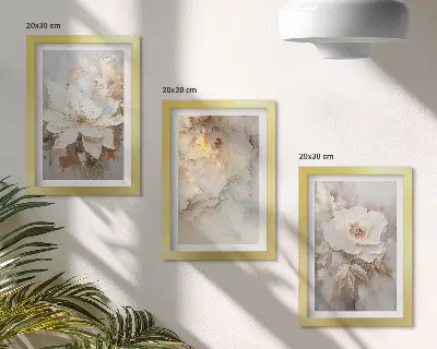 Juego de 3 cuadros decorativos con diseño floral sobre fondo claro de patrones abstractos