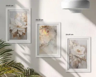Juego de 3 cuadros decorativos con diseño floral sobre fondo claro de patrones abstractos
