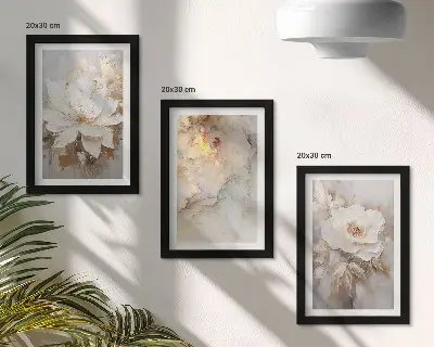 Juego de 3 cuadros decorativos con diseño floral sobre fondo claro de patrones abstractos