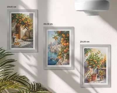 Tríptico de frutas cítricas y paisajes costeros enmarcado