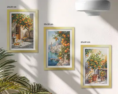 Tríptico de frutas cítricas y paisajes costeros enmarcado
