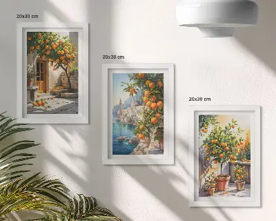Tríptico de frutas cítricas y paisajes costeros enmarcado