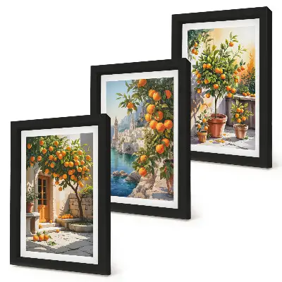 Tríptico de frutas cítricas y paisajes costeros enmarcado