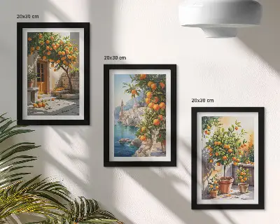 Tríptico de frutas cítricas y paisajes costeros enmarcado
