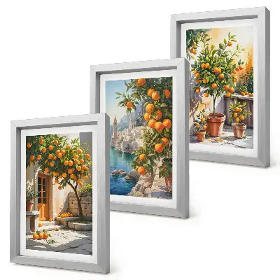 Tríptico de frutas cítricas y paisajes costeros enmarcado