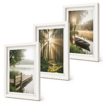 Juego de 3 cuadros decorativos Un lago tranquilo, un bosque y un barco en la niebla matutina.